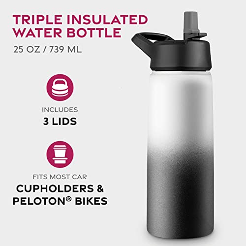 FineDine Water Bottle - Stainless Steel Insulated Water Bottle with Straw Lid, Flip Lid & Wide-Mouth Cap - Keeps Hot and Cold - 25 Oz / 739ml - Dreamy Black-White - Image 2