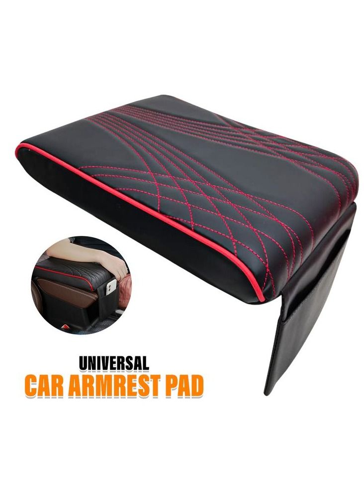 وسادة مسند ذراع عالمية للسيارة - وسادة وحدة التحكم المركزية من جلد البولي يوريثان مع خياطة حمراء - دعم مريح للمرفق، مقاومة للانزلاق والخدوش، غطاء مزود بجيب للتخزين - مناسبة لمعظم السيارات وسيارات الدفع الرباعي والشاحنات. - Image 1