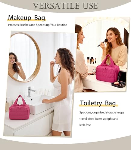 BUZFOWU Travel Toiletry Bag for Women Large Wideopen Puffy Cosmetic Makeup Bag with WetDry Separation MultiPocket Organizer with Carry Handle for Toiletries Cosmetics Essentials Rose Red - Image 3