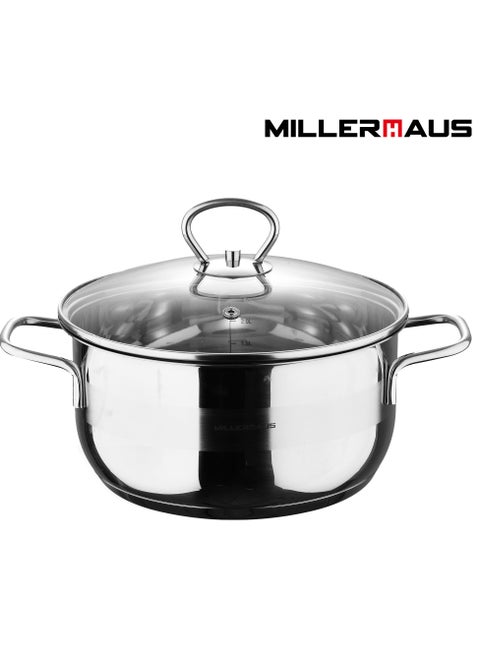 Millerhaus Casserole Ø32X17.5Cm S/S Induction With Lid, Casserole With Lid - Stainless Steel - Ø32X17.5Cm  - Induction - Shiny And Matt - Straight Shape - Measuring Scale - Welded Wire Handle And Knob  , Exceptional Durability and Strength Stainless steel with Glass Lid