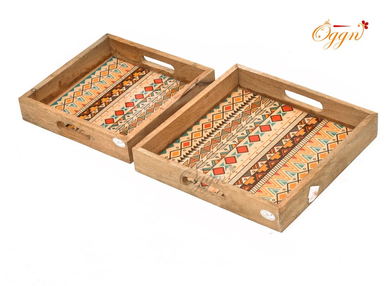 OGGN Yellow Patterns Printed Wooden Serving Tray Set of 2, Handmade Mango Wood Platter with Handles, Square Tea Breakfast Wood Plate, Trays for Kitchen, Dining Table - (Pack of 2) - Image 3