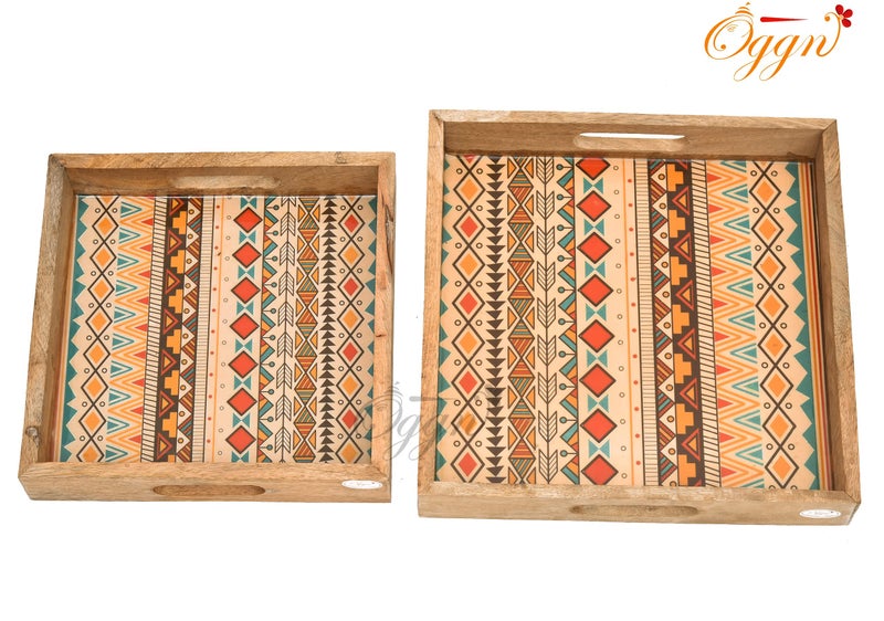 OGGN Yellow Patterns Printed Wooden Serving Tray Set of 2, Handmade Mango Wood Platter with Handles, Square Tea Breakfast Wood Plate, Trays for Kitchen, Dining Table - (Pack of 2) - Image 2
