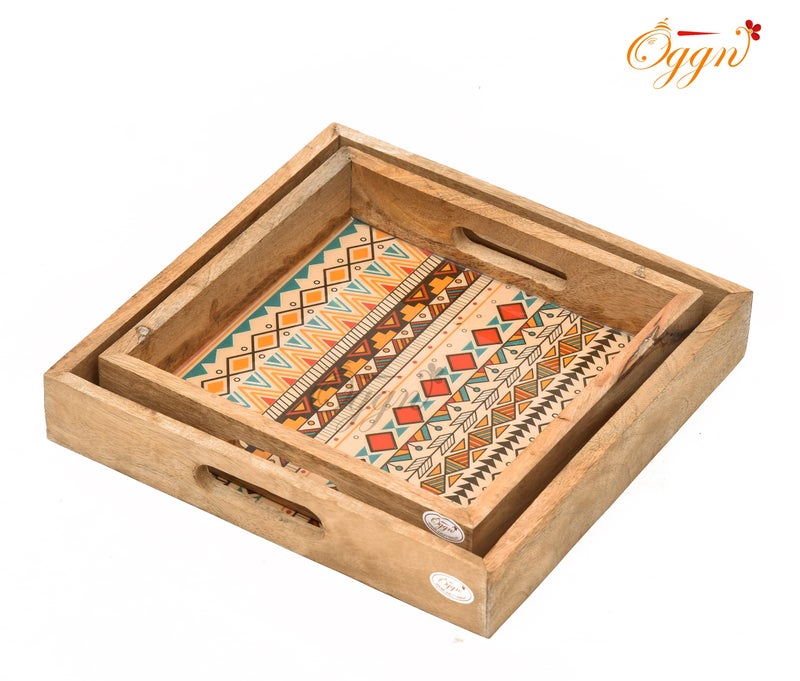 OGGN Yellow Patterns Printed Wooden Serving Tray Set of 2, Handmade Mango Wood Platter with Handles, Square Tea Breakfast Wood Plate, Trays for Kitchen, Dining Table - (Pack of 2) - Image 4