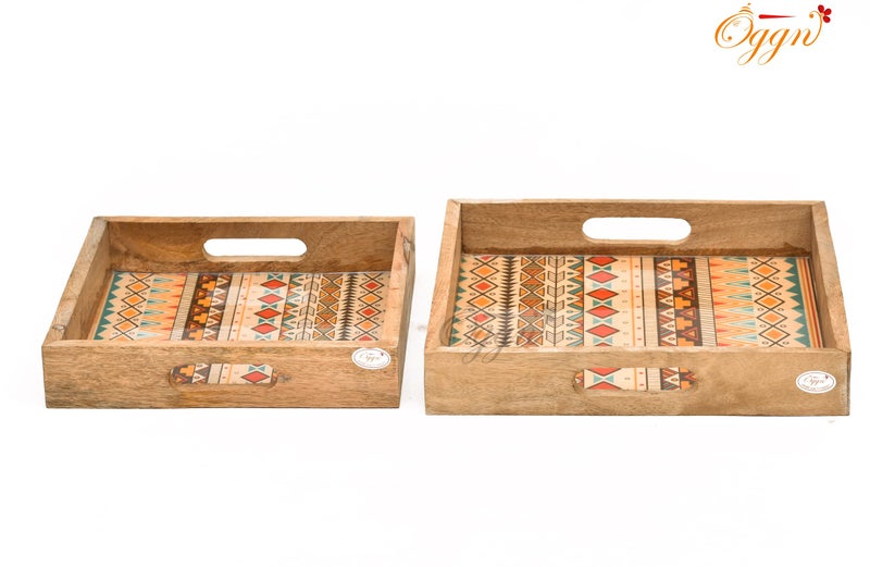 OGGN Yellow Patterns Printed Wooden Serving Tray Set of 2, Handmade Mango Wood Platter with Handles, Square Tea Breakfast Wood Plate, Trays for Kitchen, Dining Table - (Pack of 2) - Image 5