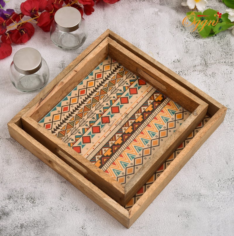 OGGN Yellow Patterns Printed Wooden Serving Tray Set of 2, Handmade Mango Wood Platter with Handles, Square Tea Breakfast Wood Plate, Trays for Kitchen, Dining Table - (Pack of 2) - Image 1