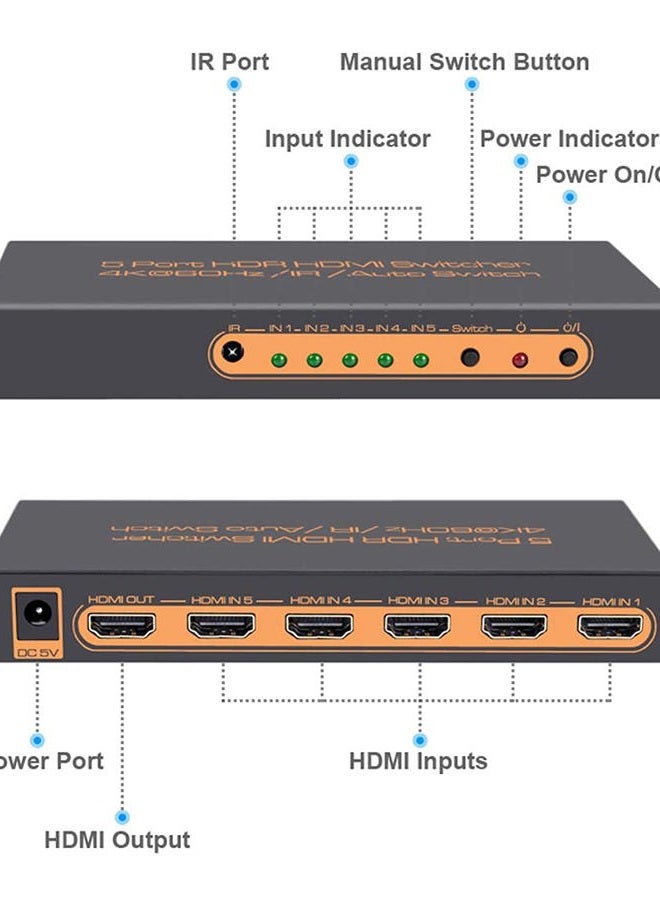 SkycropHD 4K@60Hz 5 Port HDMI Switch with Remote, Premium 5 in 1 Out 4Kx2K HDMI Auto Switcher, Support HDR10, Dolby Vision, Dolby Atmos, HDCP2.2 and CEC - Image 4