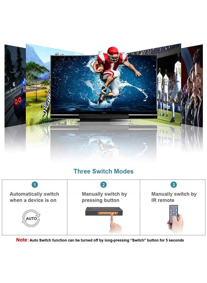 SkycropHD 4K@60Hz 5 Port HDMI Switch with Remote, Premium 5 in 1 Out 4Kx2K HDMI Auto Switcher, Support HDR10, Dolby Vision, Dolby Atmos, HDCP2.2 and CEC - Image 5