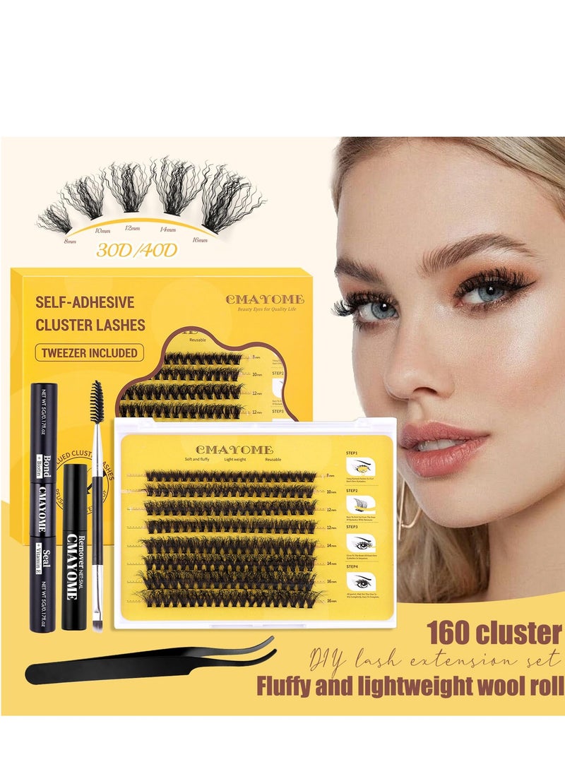 Generic - DIY Lash Extension Kit, 160Pcs D Curl Individual Lashes, Lash Clusters Kit with Lash Bond and Seal, Cluster Lashes Glue Remover, Eyelash Clusters Applicator Tool for Natural Look (8-16mm) - Image 1