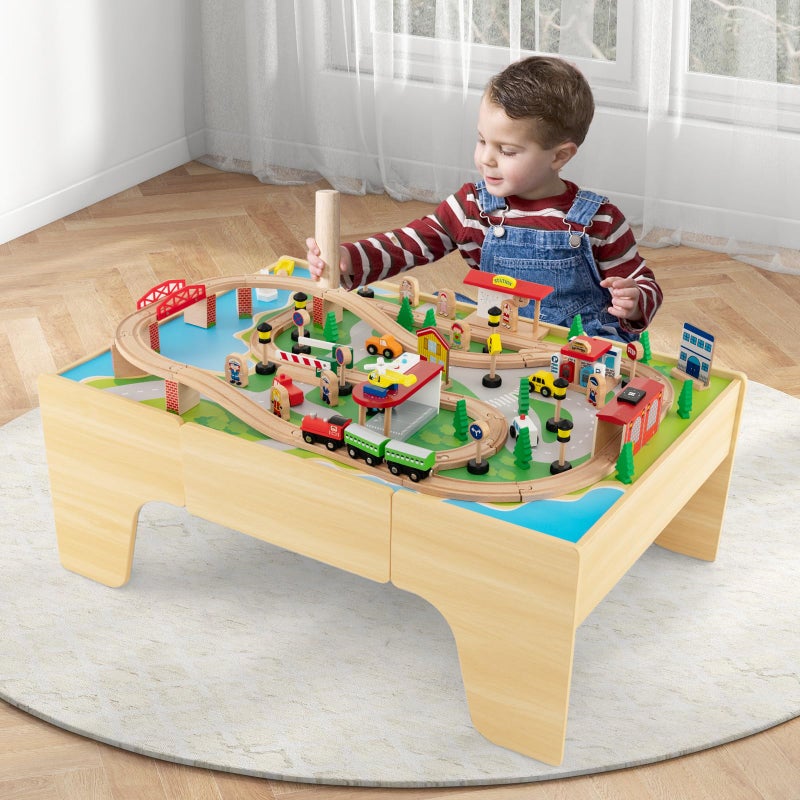 INFANS Train Table, 84 Pieces Wooden Kids Activity Toy Table Playset with Reversible Detachable Tabletop, Tracks, Train, Railway, City, Gift for Toddler Boys Girls Ages 3+ (38â€ x 24.5â€ x 15.5â€) - Image 2