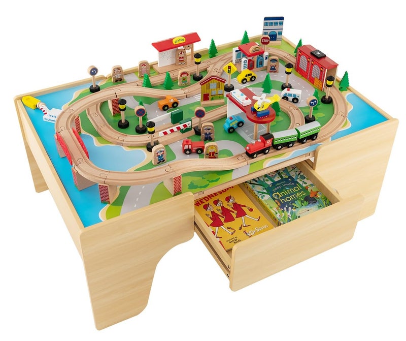 INFANS Train Table, 84 Pieces Wooden Kids Activity Toy Table Playset with Reversible Detachable Tabletop, Tracks, Train, Railway, City, Gift for Toddler Boys Girls Ages 3+ (38â€ x 24.5â€ x 15.5â€) - Image 1