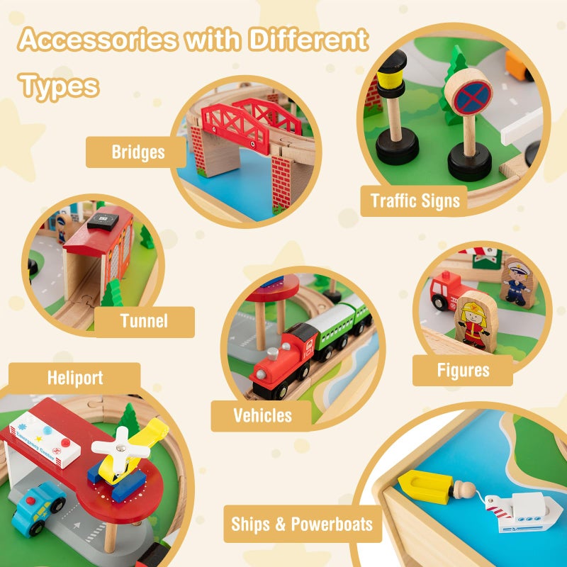 INFANS Train Table, 84 Pieces Wooden Kids Activity Toy Table Playset with Reversible Detachable Tabletop, Tracks, Train, Railway, City, Gift for Toddler Boys Girls Ages 3+ (38â€ x 24.5â€ x 15.5â€) - Image 4