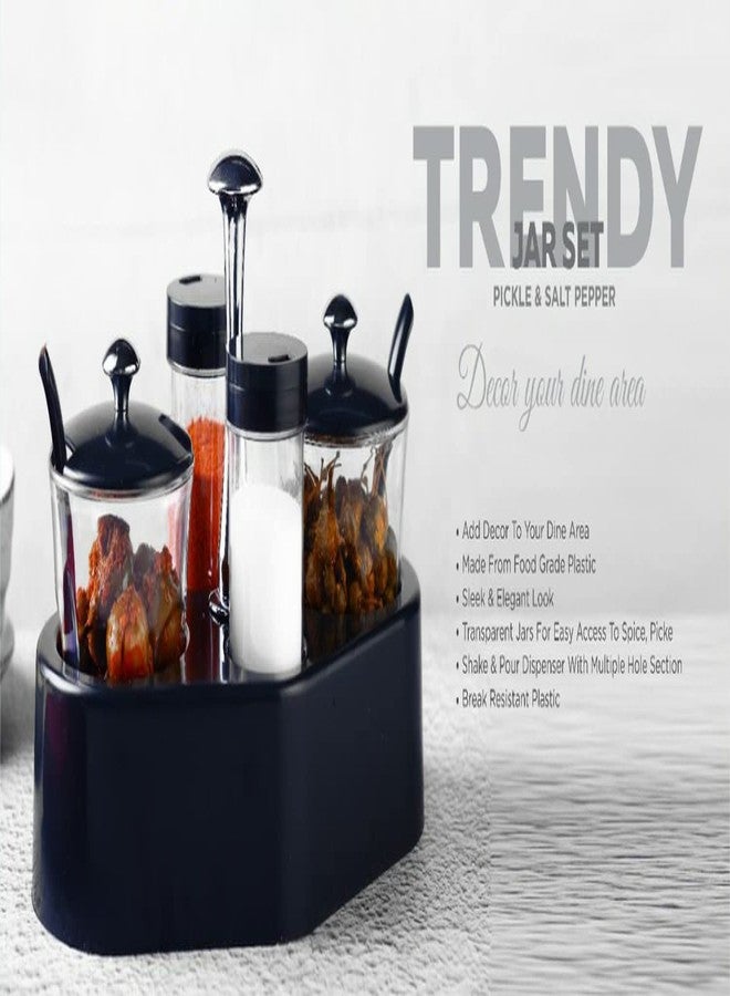 Elexiq Food Grade Salt Pepper Pickle Set with Stand for Kitchen Dining Transparent Plastic 4 Piece Salt & Pepper Set - Image 4