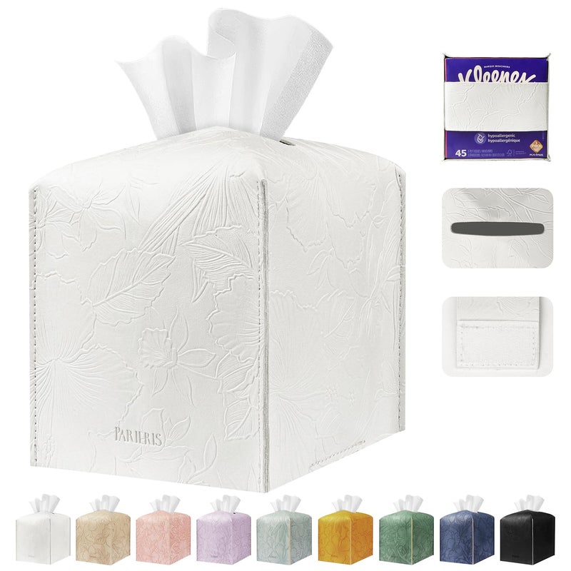 PARIERIS Tissue Box Holder Cover Square Tissue Cube Cover PU Leather Tissue Organizer with Bottom Belt for Bathroom, Tabletop, Kitchen, Night Stands, Office, Home, Car (1, White) - Image 1