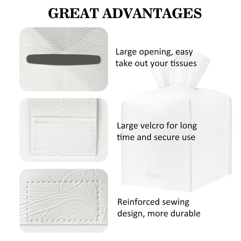 PARIERIS Tissue Box Holder Cover Square Tissue Cube Cover PU Leather Tissue Organizer with Bottom Belt for Bathroom, Tabletop, Kitchen, Night Stands, Office, Home, Car (1, White) - Image 4