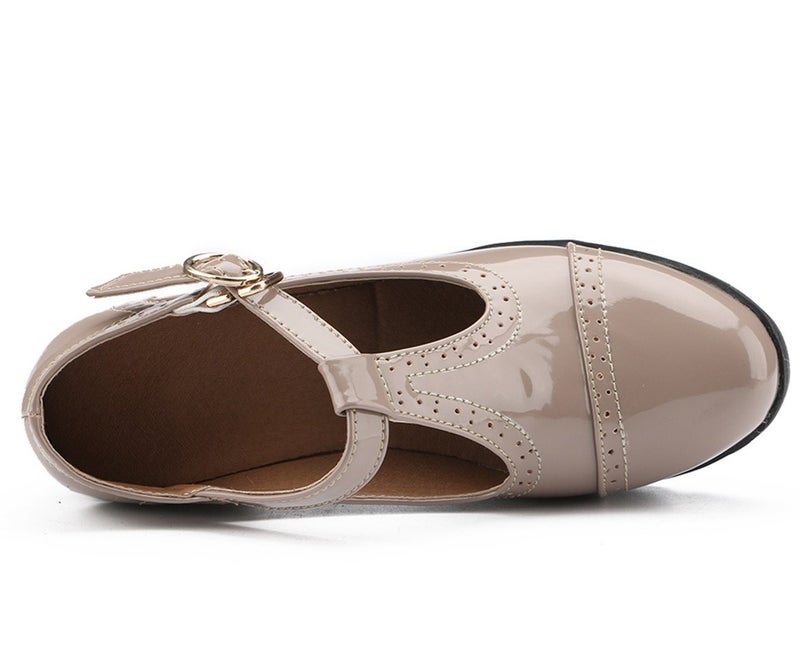 DADAWEN Women's Classic T-Strap Platform Mid-Heel Square Toe Oxfords Dress Shoes Apricot US Size 7.5 - Image 4