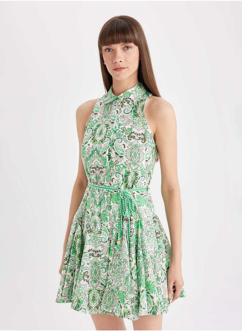DeFacto - A-Line Shirt Collar Patterned Voile Sleeveless Mini Dress - Image 1
