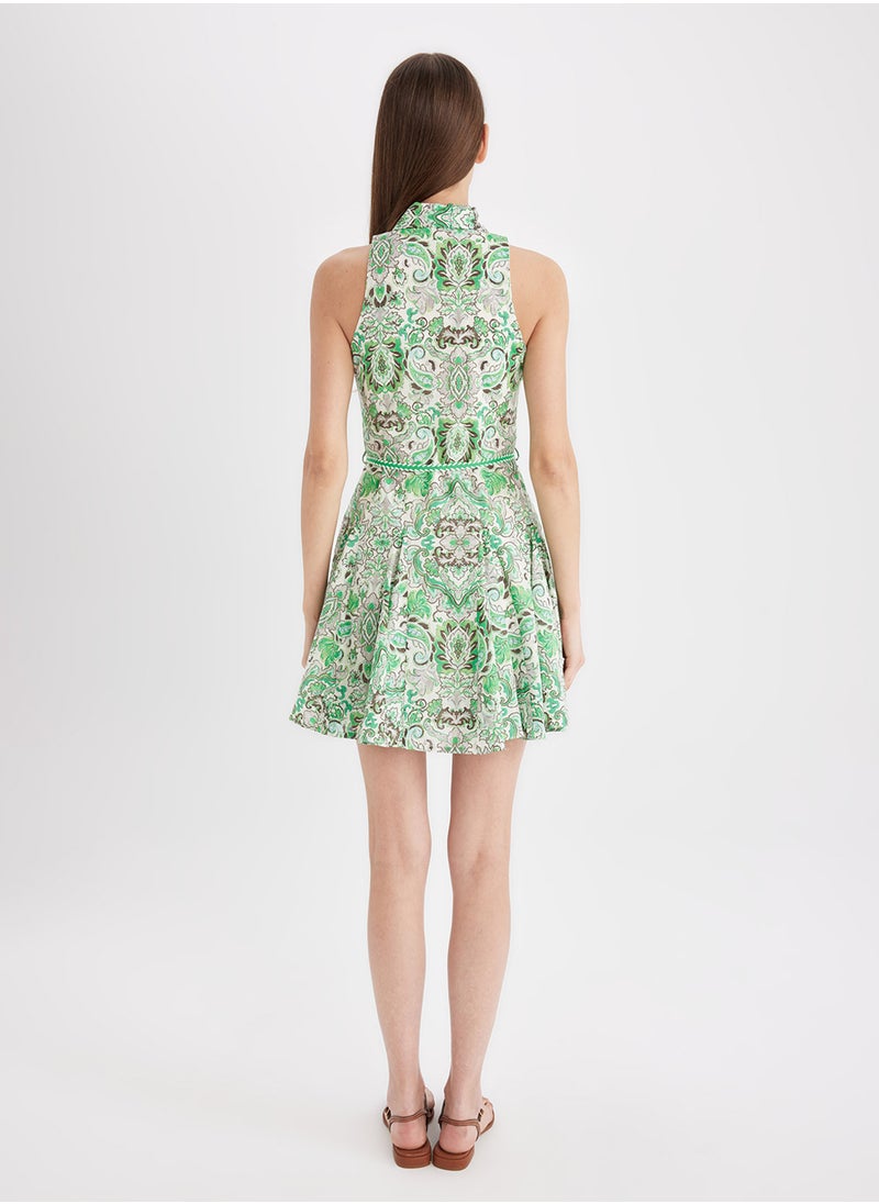 DeFacto - A-Line Shirt Collar Patterned Voile Sleeveless Mini Dress - Image 1