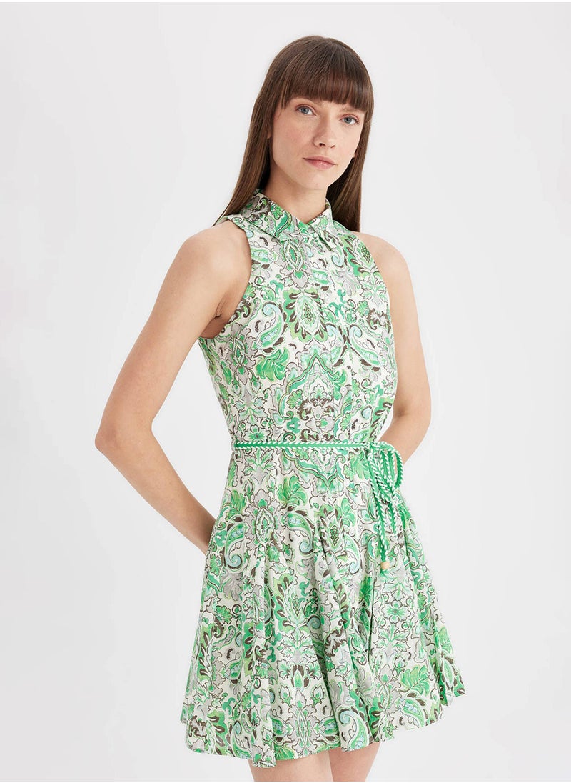 DeFacto - A-Line Shirt Collar Patterned Voile Sleeveless Mini Dress - Image 1