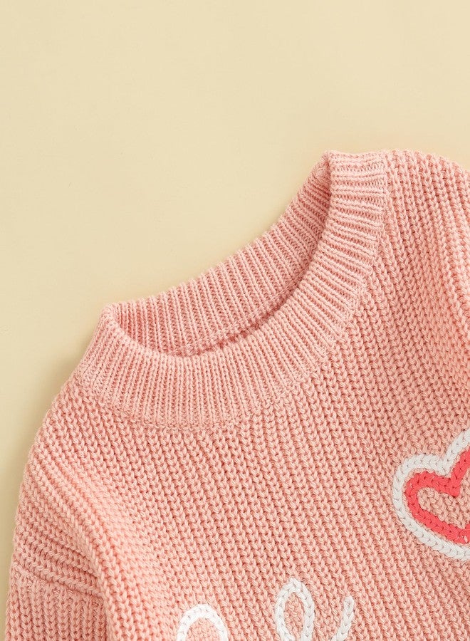 Honganda Cute Infant Baby Girl Cable Knit Oversized Sweater Heart Letter Embroidery Pullovers Jumpers Top for Valentine's Day (Pink, 9-12 Months) - Image 4