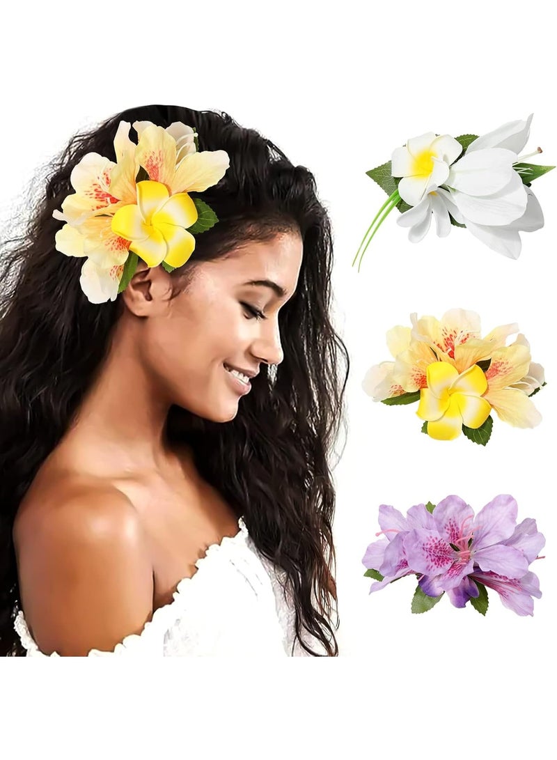 3 Pieces Hair Clip, Hawaiian Flower Hair Pins, Artificial Tropical Flower Hair Accessories, for Women in White, Yellow, Purple, for Women Girls - Image 1