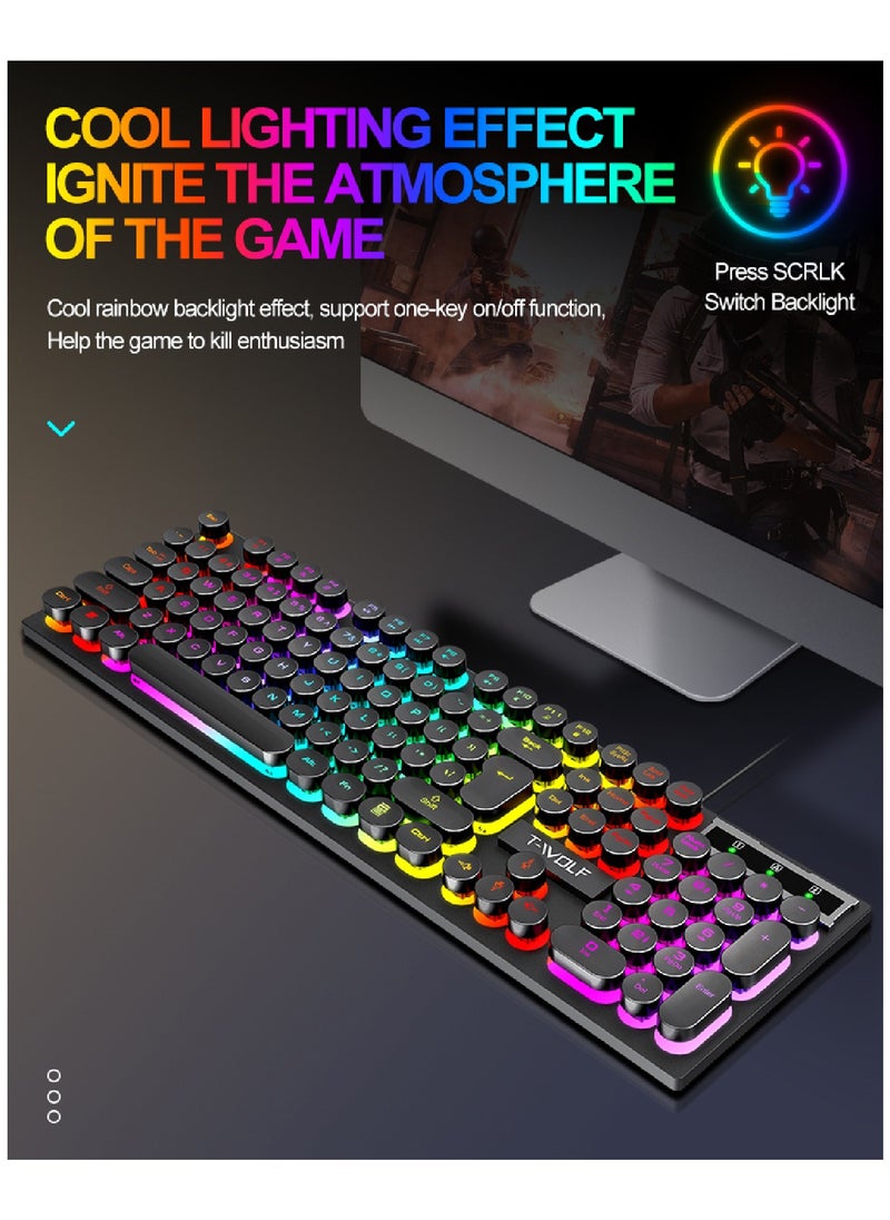 T-WOLF - 104 Key Wired Keyboard Mouse Combo Cool Rainbow Color Backlight Retro Punk Style Suspended Keycaps For Office Pc Gaming - Image 1