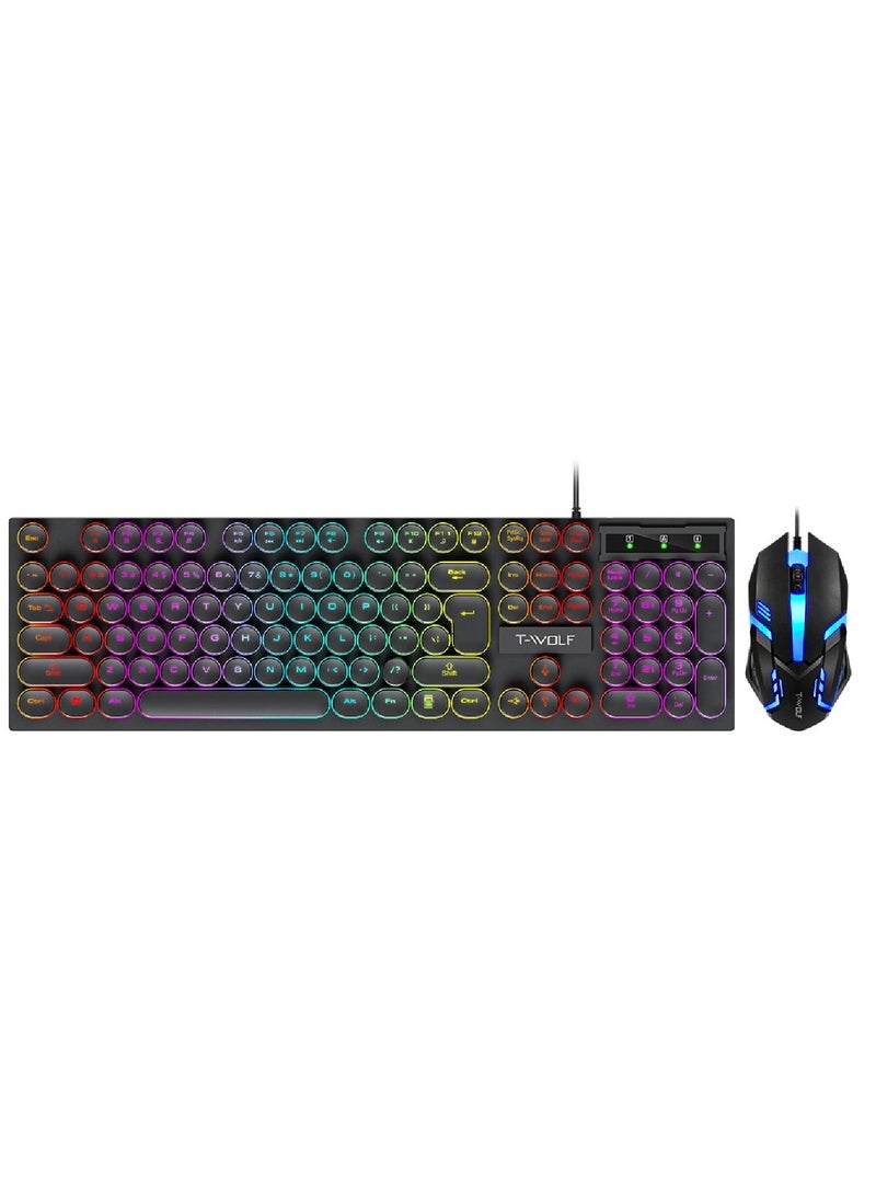 T-WOLF - 104 Key Wired Keyboard Mouse Combo Cool Rainbow Color Backlight Retro Punk Style Suspended Keycaps For Office Pc Gaming - Image 1