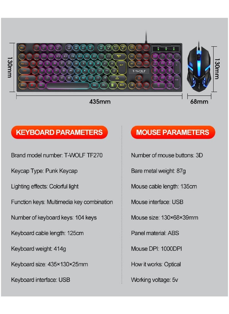 T-WOLF - 104 Key Wired Keyboard Mouse Combo Cool Rainbow Color Backlight Retro Punk Style Suspended Keycaps For Office Pc Gaming - Image 1