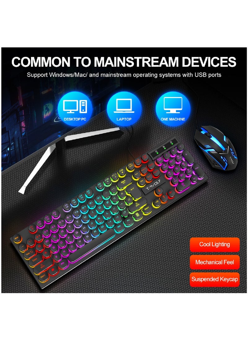 T-WOLF - 104 Key Wired Keyboard Mouse Combo Cool Rainbow Color Backlight Retro Punk Style Suspended Keycaps For Office Pc Gaming - Image 1