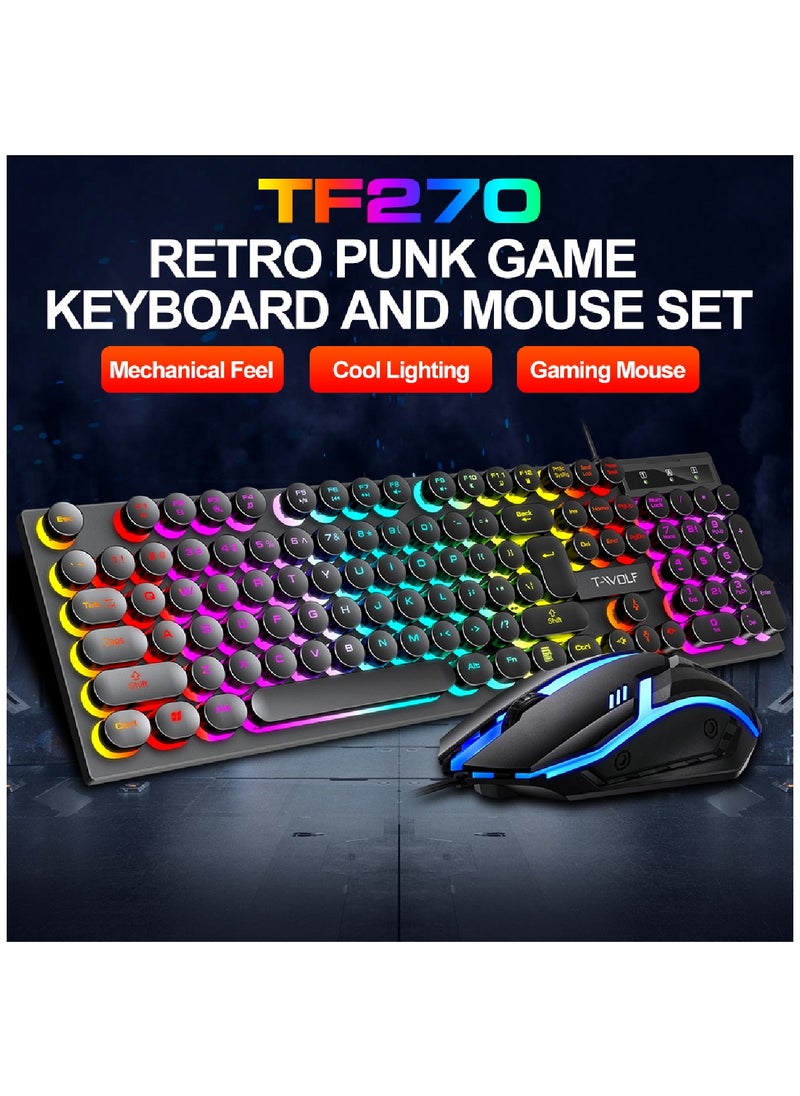 T-WOLF - 104 Key Wired Keyboard Mouse Combo Cool Rainbow Color Backlight Retro Punk Style Suspended Keycaps For Office Pc Gaming - Image 1
