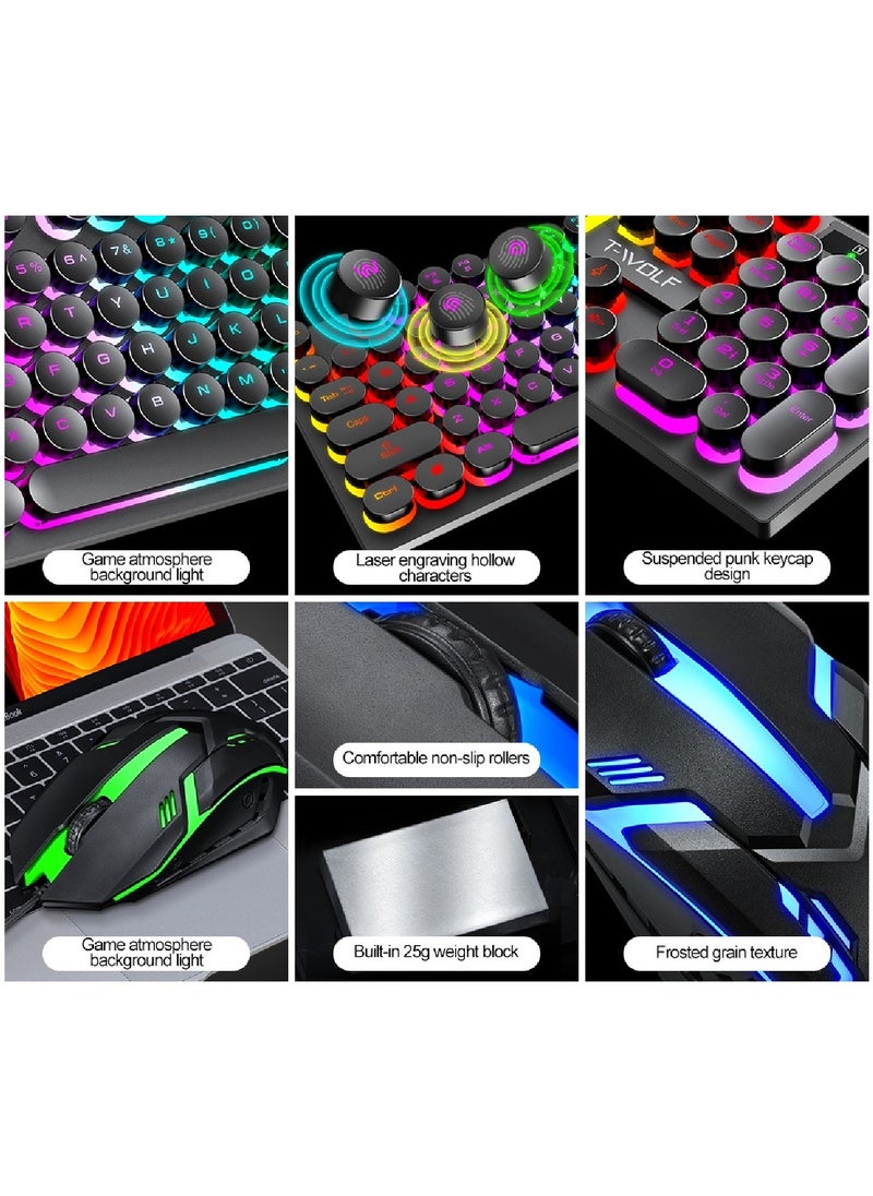 T-WOLF - 104 Key Wired Keyboard Mouse Combo Cool Rainbow Color Backlight Retro Punk Style Suspended Keycaps For Office Pc Gaming - Image 1