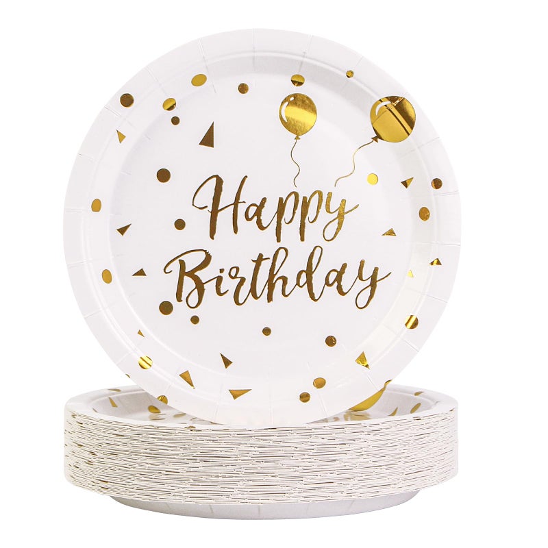 EVYIENEN Paper Plates  50pcs Disposable Dessert Plates  White Gold Polka Dots  Biodegradable  Round  7inch  for Birthday Decorations Party - Image 1