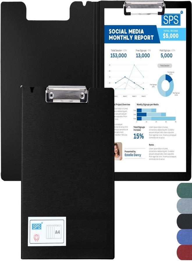 SPS Exampad A4 Plastic Clipboard - Multi-Functional File Folder Clip Board for School, Office, Travel - Perfect for Students and Professionals, School and Office - Top Clip with Cover - Black - Image 1