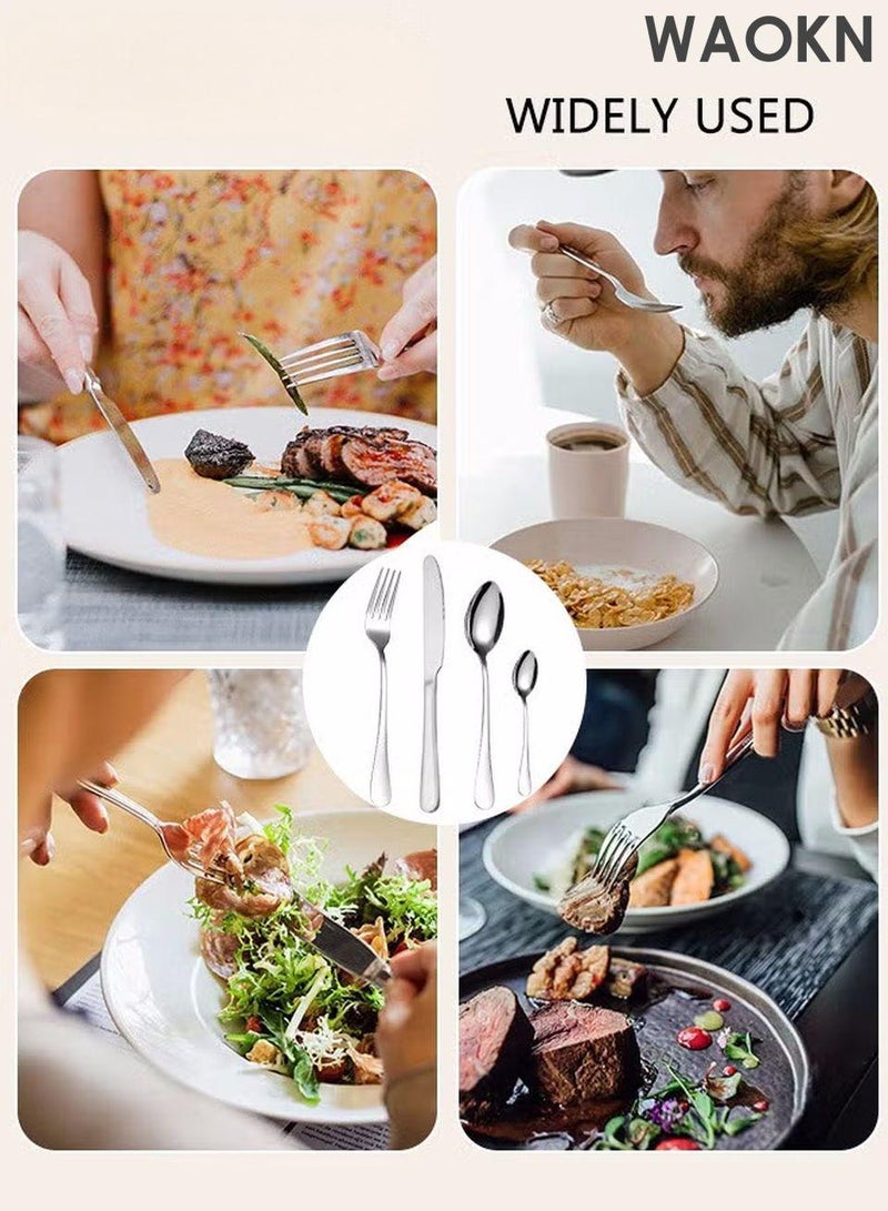دبليو أيه أو كي أن طقم أدوات مائدة من ٢٤ قطعة مع حامل، طقم أدوات مائدة من الفولاذ المقاوم للصدأ، ملاعق، شوك، سكاكين، طقم أدوات مائدة، يكفي لستة أشخاص. طقم أدوات مائدة مصقول بمرآة، يشمل سكاكين شرائح اللحم، مقاوم للصدأ، آمن للغسل في غسالة الأطباق، أدوات مائدة محمولة للتخييم والنزهات المدرسية والعملية والسفر. - Image 2