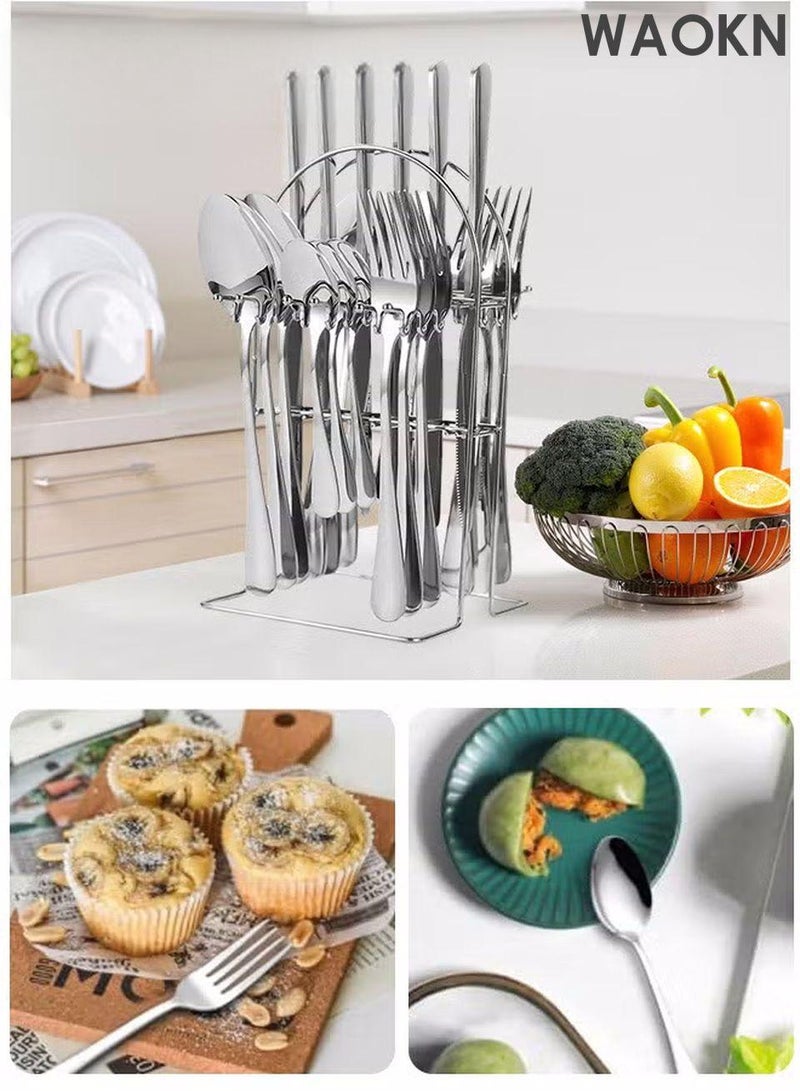 دبليو أيه أو كي أن طقم أدوات مائدة من ٢٤ قطعة مع حامل، طقم أدوات مائدة من الفولاذ المقاوم للصدأ، ملاعق، شوك، سكاكين، طقم أدوات مائدة، يكفي لستة أشخاص. طقم أدوات مائدة مصقول بمرآة، يشمل سكاكين شرائح اللحم، مقاوم للصدأ، آمن للغسل في غسالة الأطباق، أدوات مائدة محمولة للتخييم والنزهات المدرسية والعملية والسفر. - Image 4