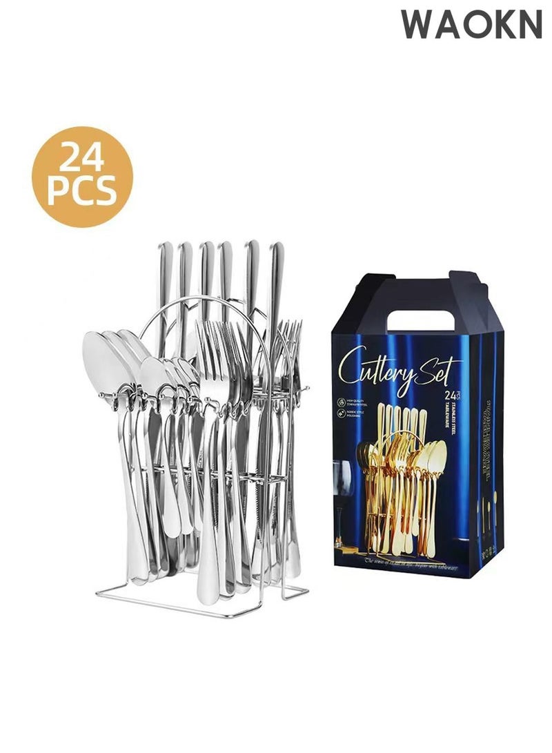 دبليو أيه أو كي أن طقم أدوات مائدة من ٢٤ قطعة مع حامل، طقم أدوات مائدة من الفولاذ المقاوم للصدأ، ملاعق، شوك، سكاكين، طقم أدوات مائدة، يكفي لستة أشخاص. طقم أدوات مائدة مصقول بمرآة، يشمل سكاكين شرائح اللحم، مقاوم للصدأ، آمن للغسل في غسالة الأطباق، أدوات مائدة محمولة للتخييم والنزهات المدرسية والعملية والسفر. - Image 1