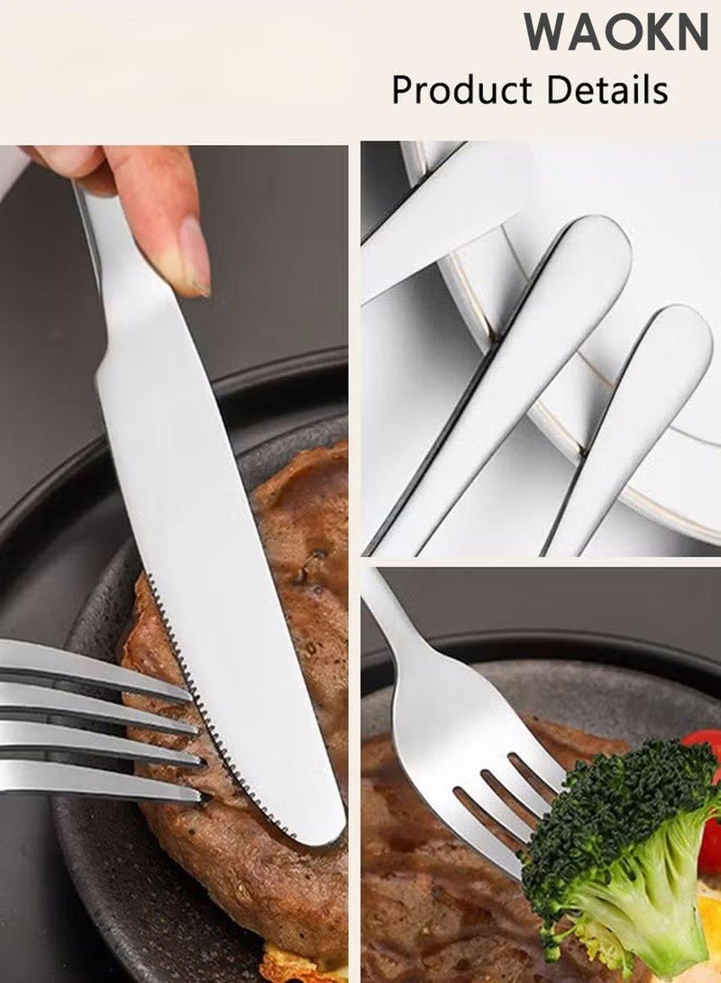 دبليو أيه أو كي أن طقم أدوات مائدة من ٢٤ قطعة مع حامل، طقم أدوات مائدة من الفولاذ المقاوم للصدأ، ملاعق، شوك، سكاكين، طقم أدوات مائدة، يكفي لستة أشخاص. طقم أدوات مائدة مصقول بمرآة، يشمل سكاكين شرائح اللحم، مقاوم للصدأ، آمن للغسل في غسالة الأطباق، أدوات مائدة محمولة للتخييم والنزهات المدرسية والعملية والسفر. - Image 3