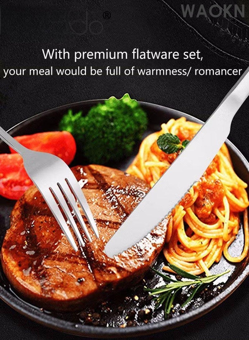 دبليو أيه أو كي أن طقم أدوات مائدة من ٢٤ قطعة مع حامل، طقم أدوات مائدة من الفولاذ المقاوم للصدأ، ملاعق، شوك، سكاكين، طقم أدوات مائدة، يكفي لستة أشخاص. طقم أدوات مائدة مصقول بمرآة، يشمل سكاكين شرائح اللحم، مقاوم للصدأ، آمن للغسل في غسالة الأطباق، أدوات مائدة محمولة للتخييم والنزهات المدرسية والعملية والسفر. - Image 5