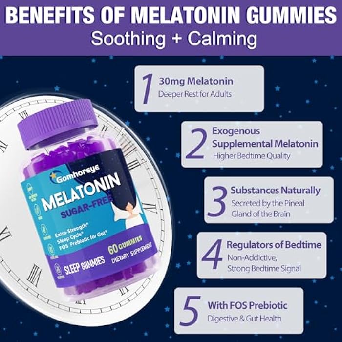 Gomhoreye Melatonin Gummies 30mg for Adults - Maximum Strength Melatonin Gummies for Relaxation & Soothing, Exogenous Melatonin Supplement with FOS for Immune, Gut Health and pH Balance, Sugar Free -120 Counts - Image 3