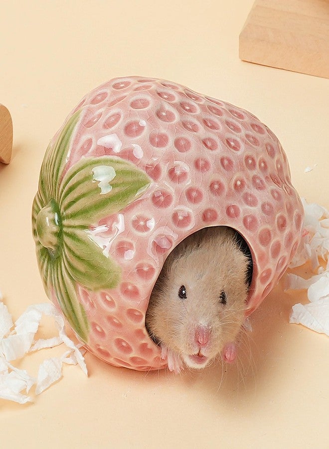 Deapeey Ceramic Hamster Hideout,Strawberry Dwarf Hamster House,Guinea Pig Habitat Decor, Hideaway House for Gerbil, Cool Bed for All Season(Pink) - Image 1