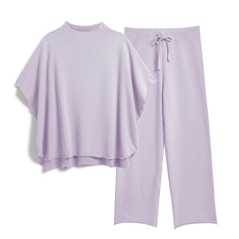 SeeLuNa Women's Two Piece Outfits 3/4 Batwing Sleeve Capelet Crew Neck Pullover Top Wide Leg Pants Lounge Set(Light-Purple,S) - Image 1