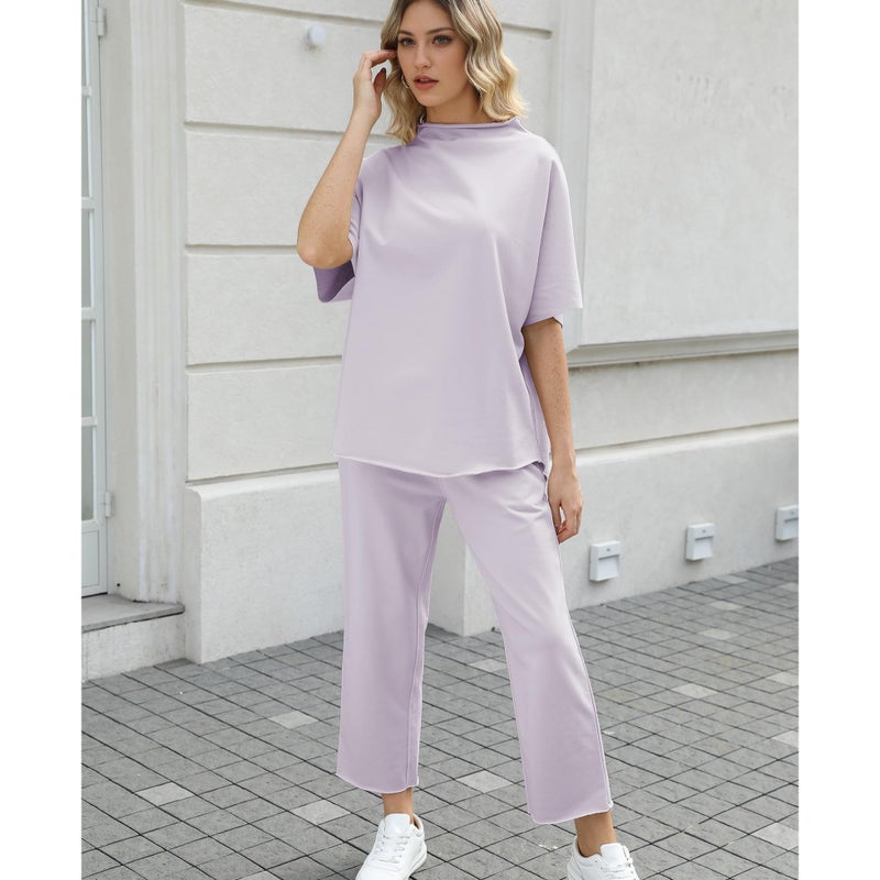 SeeLuNa Women's Two Piece Outfits 3/4 Batwing Sleeve Capelet Crew Neck Pullover Top Wide Leg Pants Lounge Set(Light-Purple,S) - Image 4