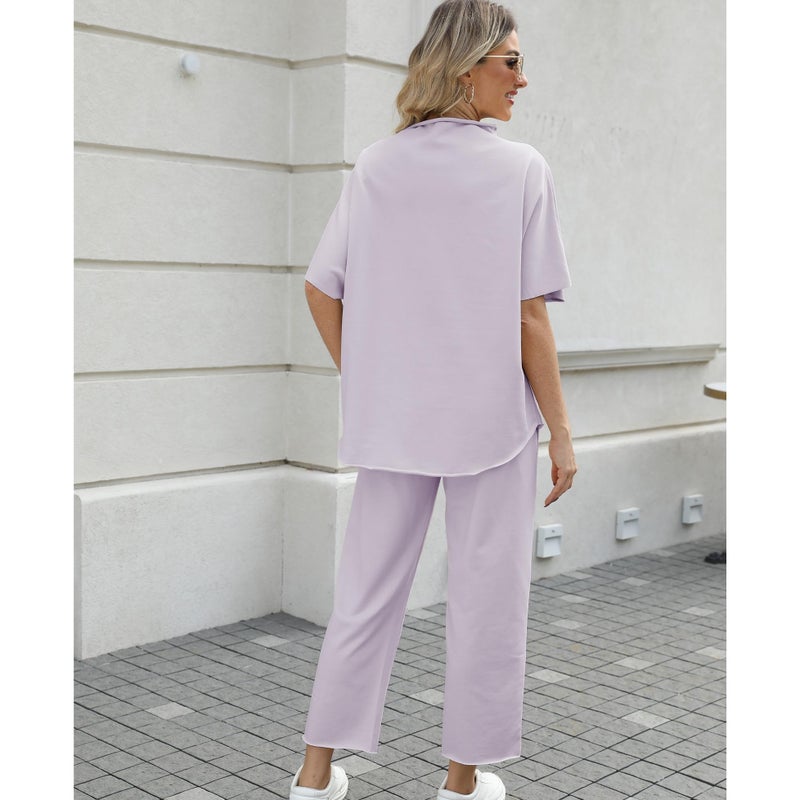 SeeLuNa Women's Two Piece Outfits 3/4 Batwing Sleeve Capelet Crew Neck Pullover Top Wide Leg Pants Lounge Set(Light-Purple,S) - Image 2