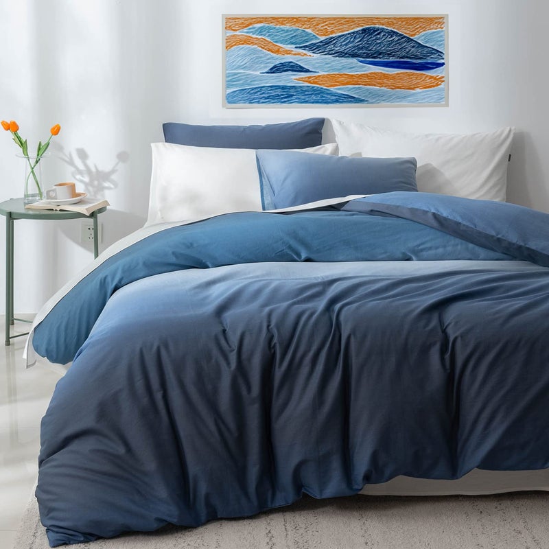 ALEISSEL 100% Cotton Duvet Cover Queen Size - Reversible Ocean Blue Duvet Cover Set with Button Closure, Gradient Navy Blue Bedding Set 3 Pcs, 1 Duvet Cover 90"x90" with 4 Corner Ties and 2 Pillow Shams 20"x26 - Image 4