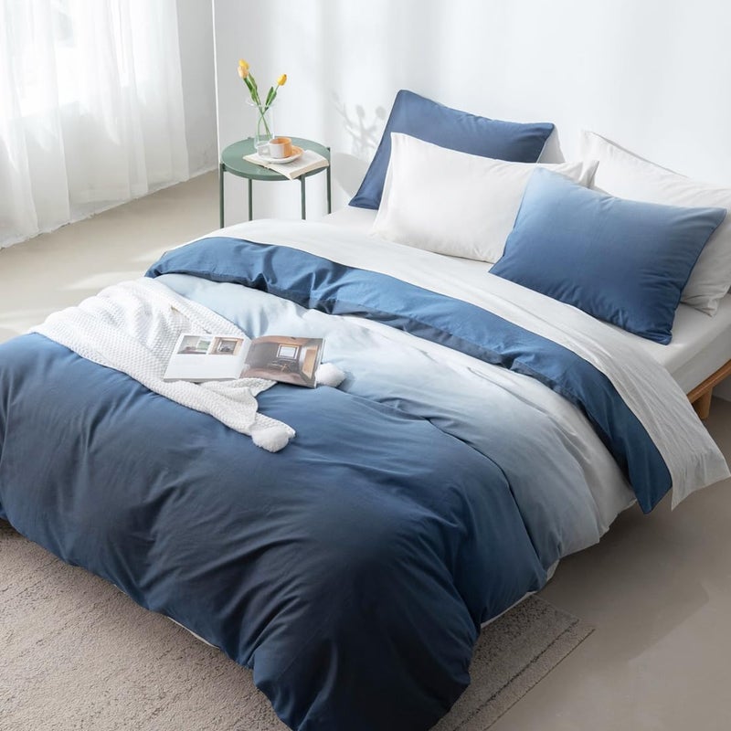 ALEISSEL 100% Cotton Duvet Cover Queen Size - Reversible Ocean Blue Duvet Cover Set with Button Closure, Gradient Navy Blue Bedding Set 3 Pcs, 1 Duvet Cover 90"x90" with 4 Corner Ties and 2 Pillow Shams 20"x26 - Image 2