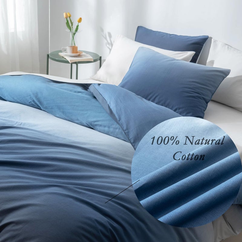 ALEISSEL 100% Cotton Duvet Cover Queen Size - Reversible Ocean Blue Duvet Cover Set with Button Closure, Gradient Navy Blue Bedding Set 3 Pcs, 1 Duvet Cover 90"x90" with 4 Corner Ties and 2 Pillow Shams 20"x26 - Image 5