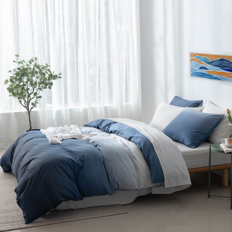 ALEISSEL 100% Cotton Duvet Cover Queen Size - Reversible Ocean Blue Duvet Cover Set with Button Closure, Gradient Navy Blue Bedding Set 3 Pcs, 1 Duvet Cover 90"x90" with 4 Corner Ties and 2 Pillow Shams 20"x26 - Image 1