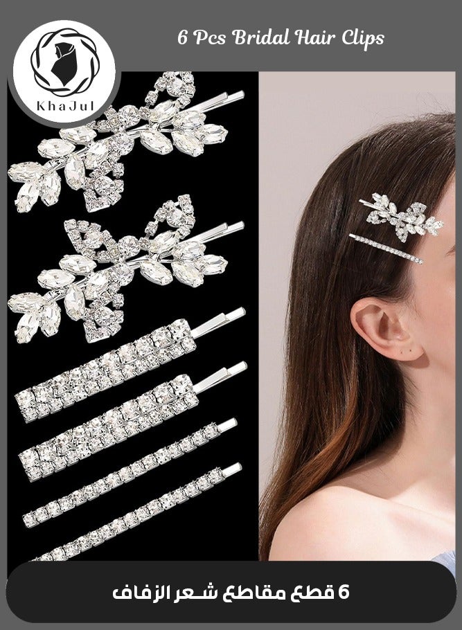 خاجول 6PCS مقاطع شعر حجر الراين ، دبابيس شعر زفاف أوراق الكريستال ، إكسسوارات زفاف باريت للنساء ، دبابيس بوبي الماس - Image 1