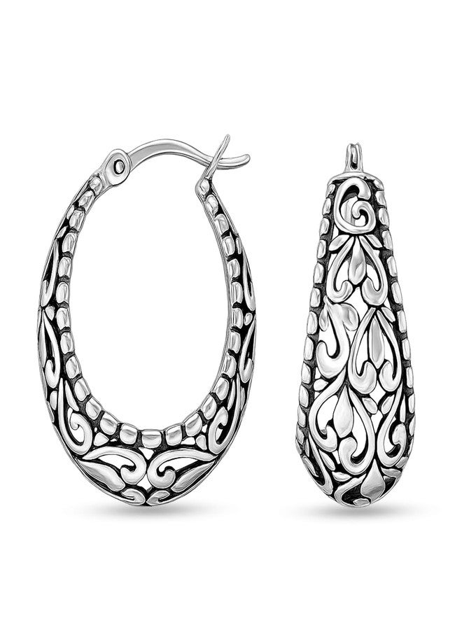 LeCalla Sterling Silver Earrings Filigree Hoops | Lightweight Italian 925 Silver Hoop Earrings Small Oval Antique Oxidized Filigree Design Earring Hoops for Women 25mm - Image 5