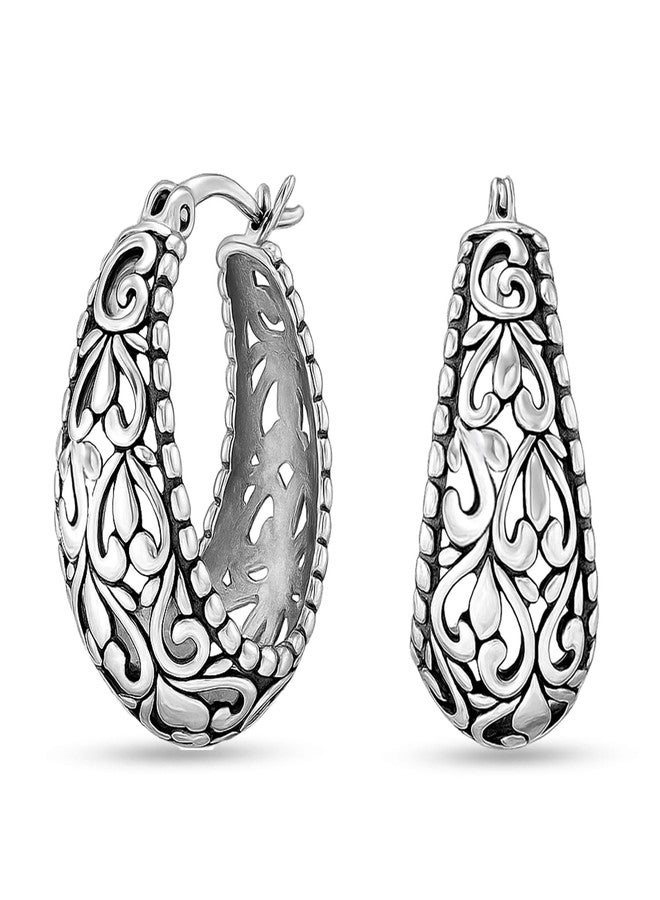 LeCalla Sterling Silver Earrings Filigree Hoops | Lightweight Italian 925 Silver Hoop Earrings Small Oval Antique Oxidized Filigree Design Earring Hoops for Women 25mm - Image 1