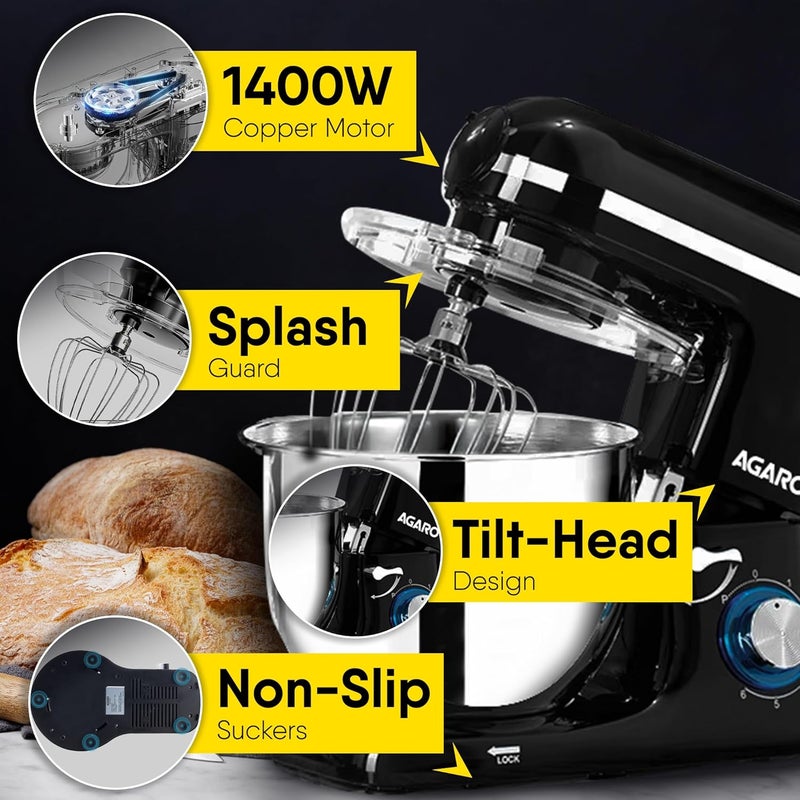 AGARO Regency Stand Mixer With Meat Grinder1400W with 6L SS Bowl 15L Blending Jar 6 Speed With Pulse Function 100 Copper Motor Whipping Kneading Blending Black - Image 5